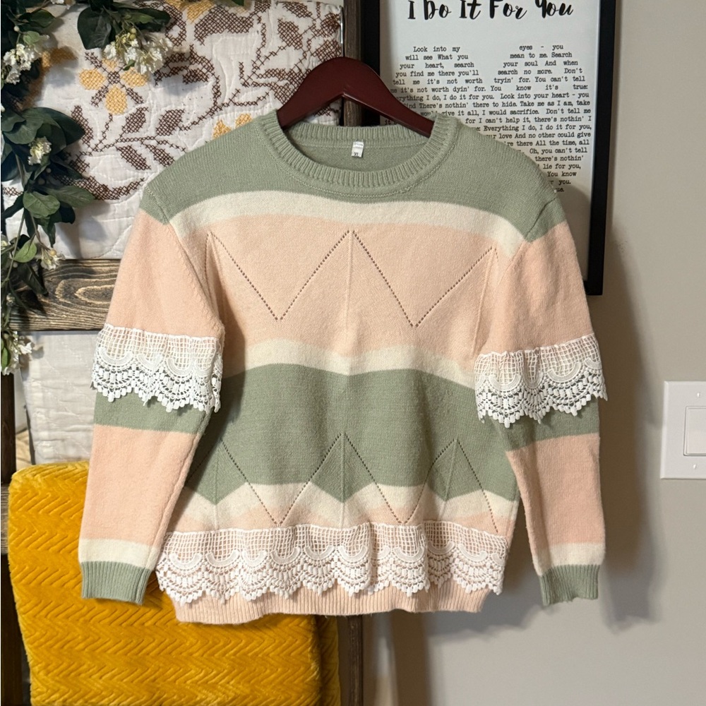 Women's Pink and Green Sweater with Lace Detail